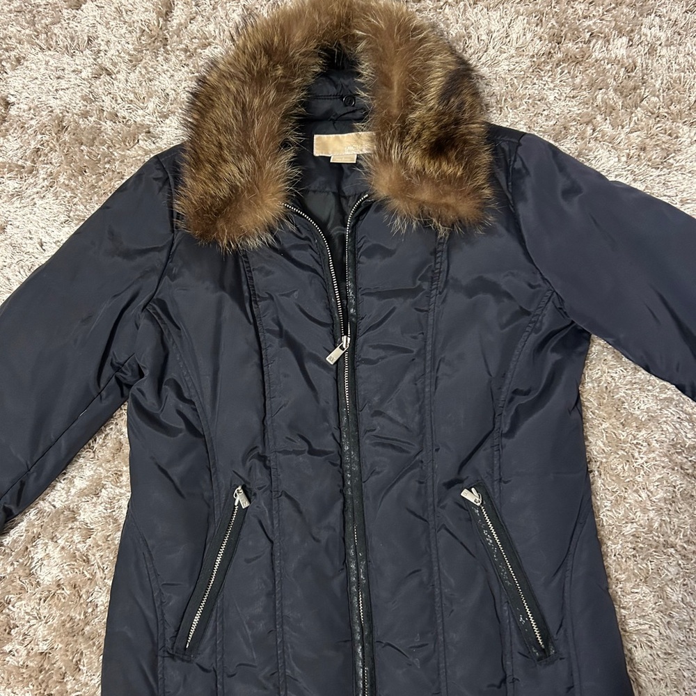 Michael Kors Black and Brown Puffer Jacket with Fur Collar and Quilted Design